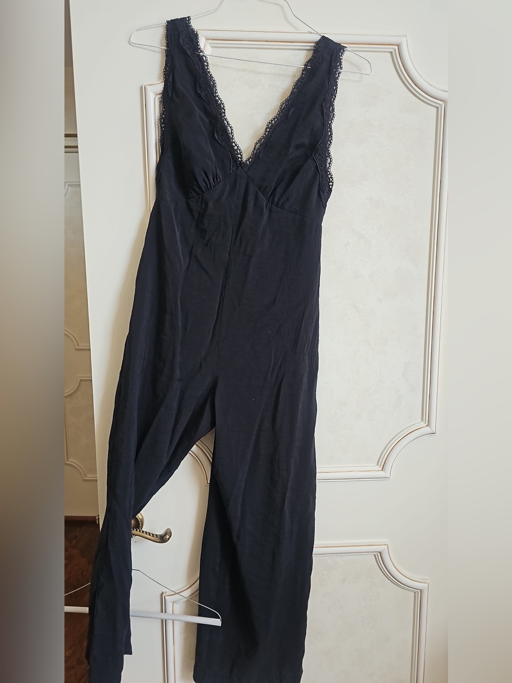 MNG Mango Black Linen Blend Wide Leg Jumpsuit Lace Trim Sleeveless Size S